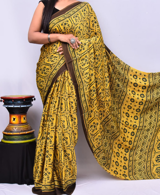 Modal silk ajrak printed saree with blouse