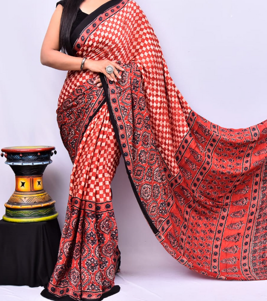 Modal silk ajrak printed saree with blouse